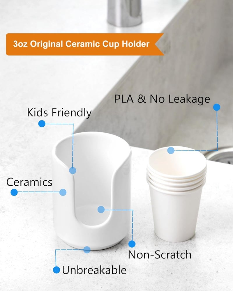 Viosuniu 3 oz Original Ceramic Bathroom Cup Dispenser with 5 PLA Paper Cups, Bathroom Essential Accessories for Mouthwash Holder on Vanity Countertops (1 Pack, White) - Image 2